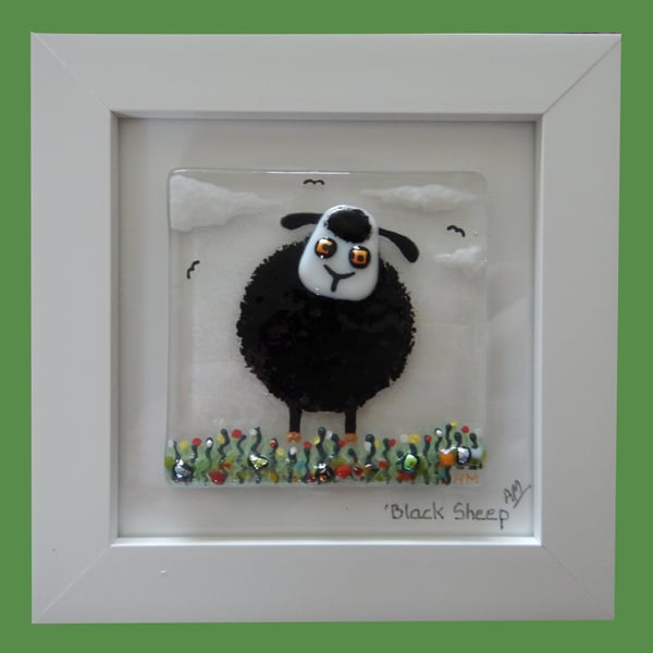 Handmade Fused Glass 'Black Sheep' Picture
