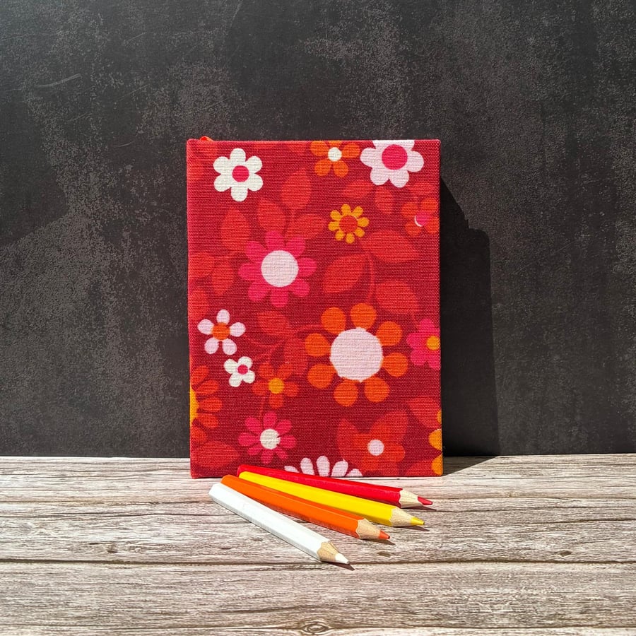 Handstitched 1960s Vintage Dekoplus Fabric Covered A6 Notebook, Orange