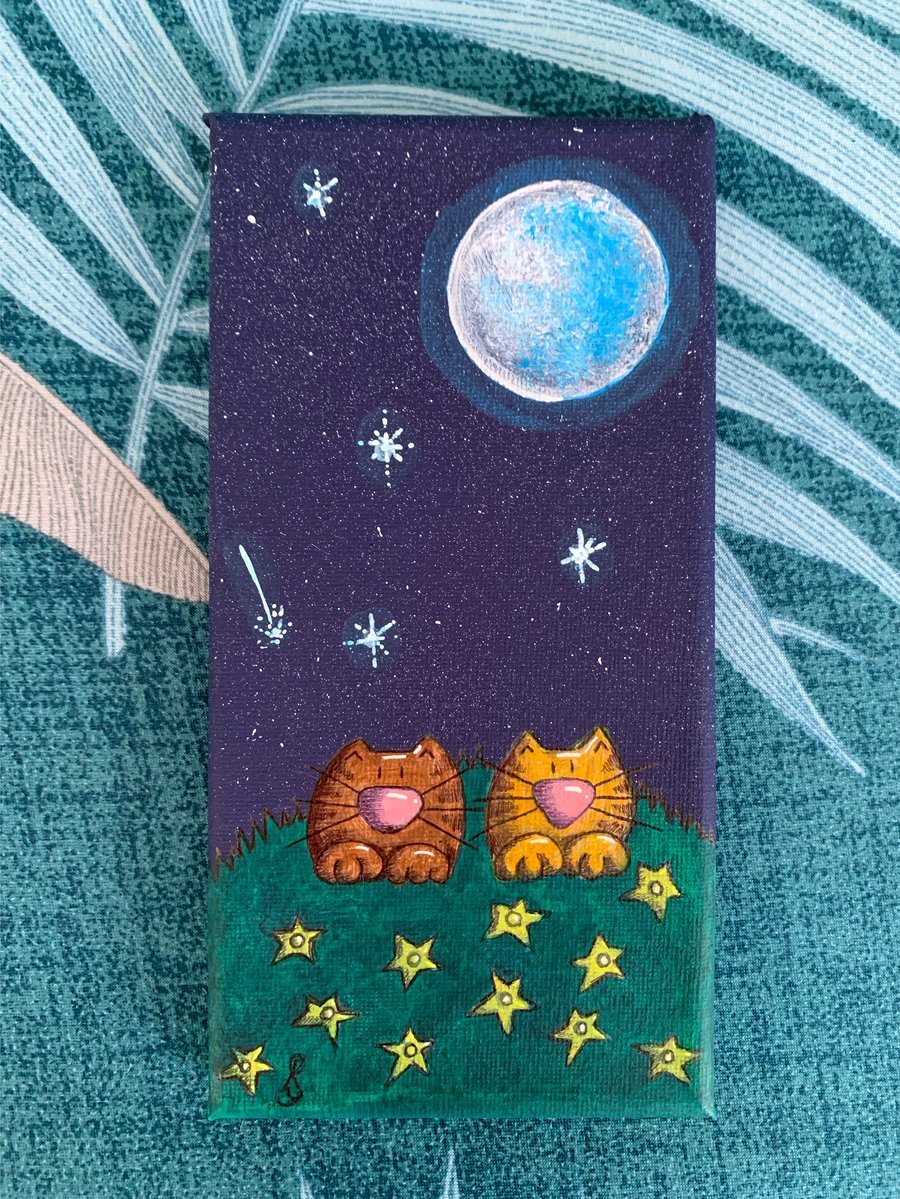 Original Artwork Small Canvas - Cute Cats at Night