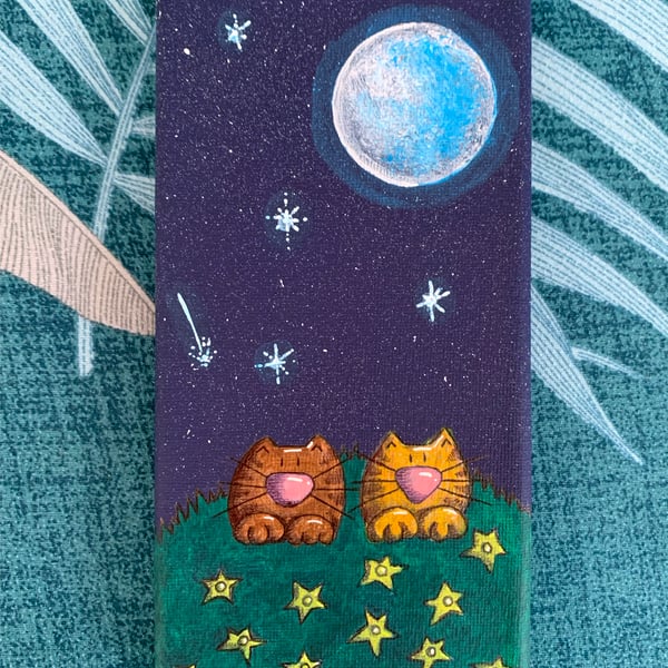 Original Artwork Small Canvas - Cute Cats at Night