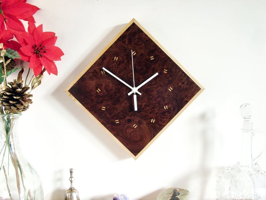 Diamond Wooden Wall Clock - handmade with burr brown oak, sycamore and old ebony