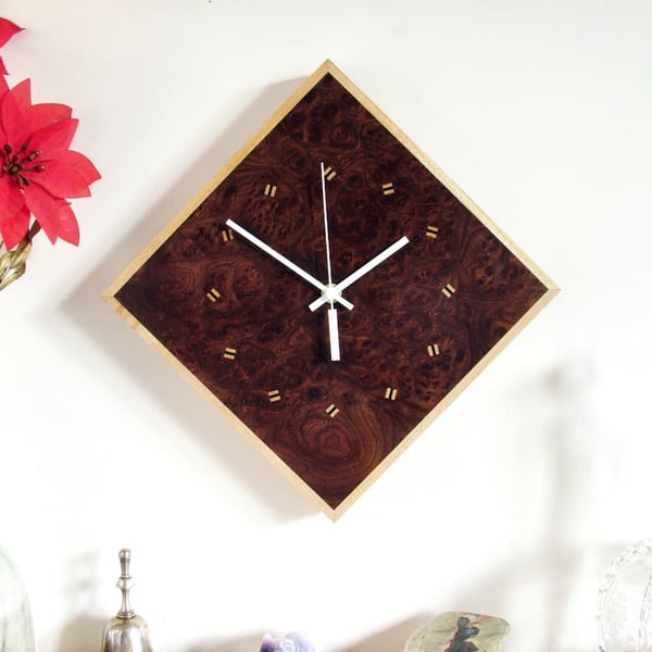 Diamond Wooden Wall Clock - handmade with burr brown oak, sycamore and old ebony