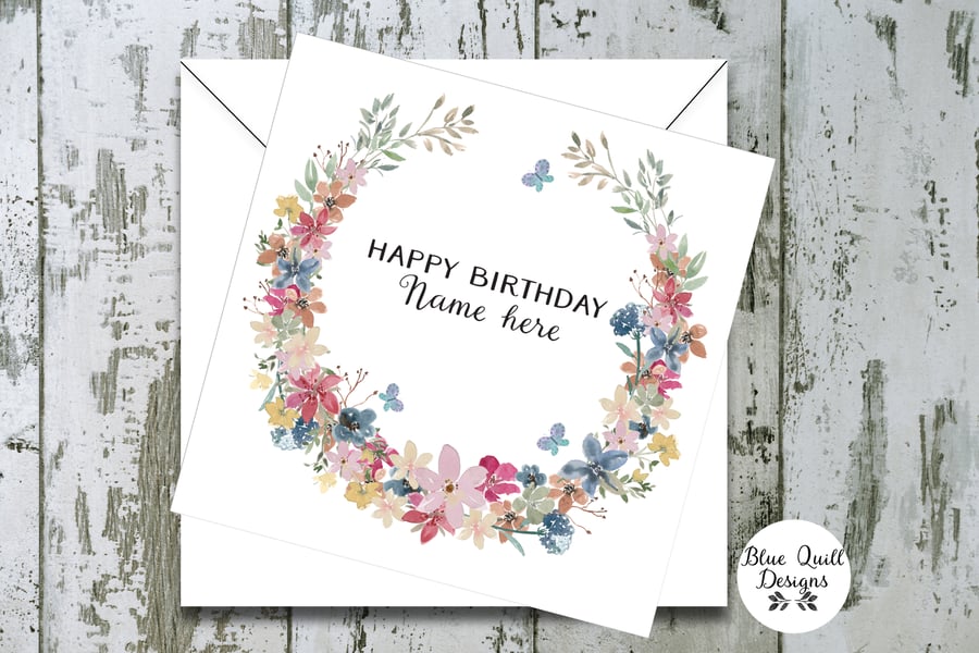 Ditsy Floral Wreath Personalised Birthday Card - Watercolour Print