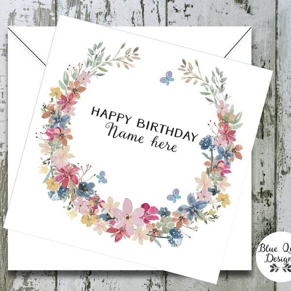 Ditsy Floral Wreath Personalised Birthday Card - Watercolour Print