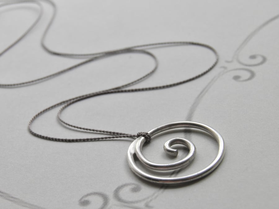 Sterling Silver Necklace Handcrafted Minimal Silver Spiral Necklace, Silk Thread