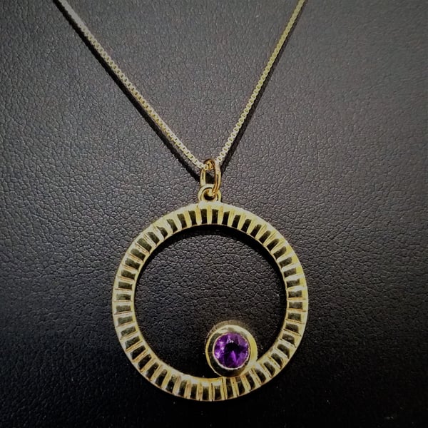 Amethyst Gold 925 Silver Circle Pendant Necklace 45 cm 18 Inch 