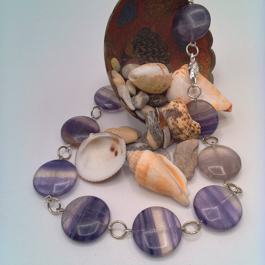 Rosary Style Necklace with Purple Fluorite Coin Beads, Gift for Her, Necklace