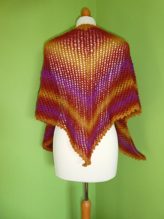 Hand Knit Lace Triangular Scarf in Autumnal Colours.