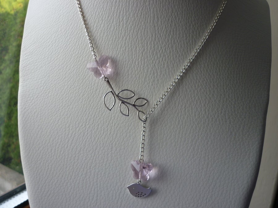PINK AND SILVER, BUTTERFLY AND BIRD LARIAT DESIGN NECKLACE.  1062