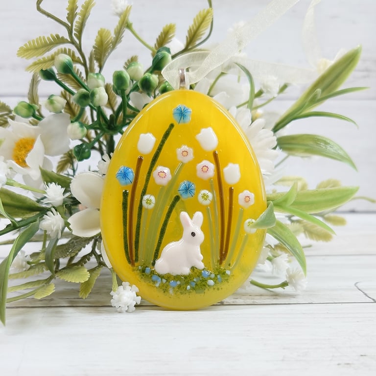 Fused Glass Easter Hanging Decoration: Handmade Easter Egg With Easter Bunny