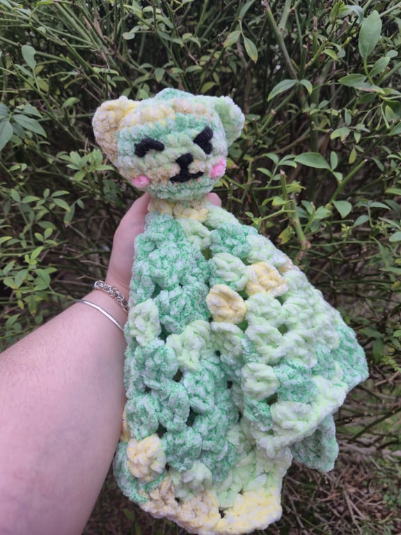 Handmade Crochet Bear Lovey - Soft Green and Yellow Baby Security Blanket 