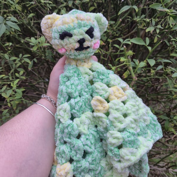 Handmade Crochet Bear Lovey - Soft Green and Yellow Baby Security Blanket 