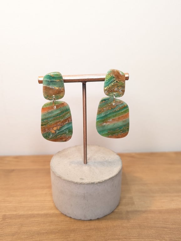 Green agate polymer clay earrings- large dangles 