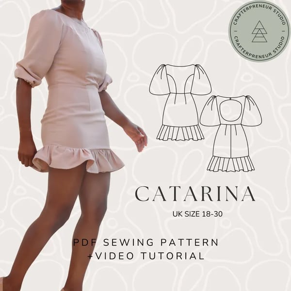 Backless Ruffle Dress Sewing Pattern - Balloon Sleeve, Fitted Waist (PDF)