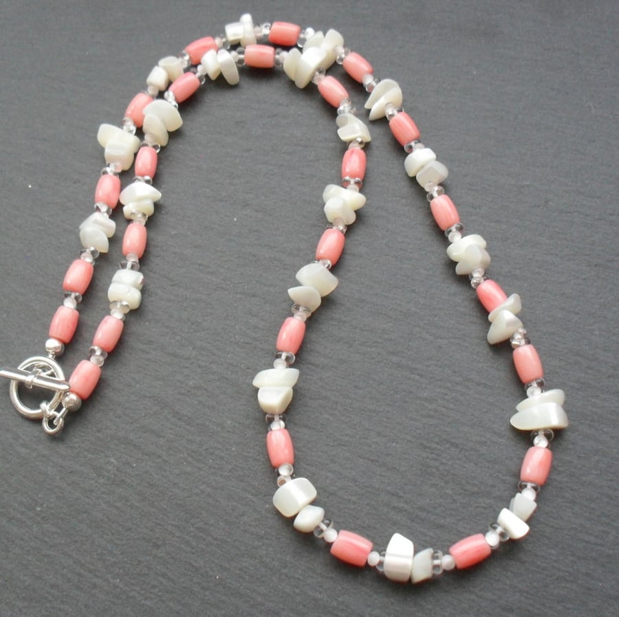 Mother of Pearl Salmon Pink Coral and Glass Bead  silver plated Necklace