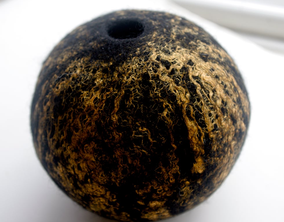Felt Ornamental Bowl. Hand felted Vessel in Black and Light Orange