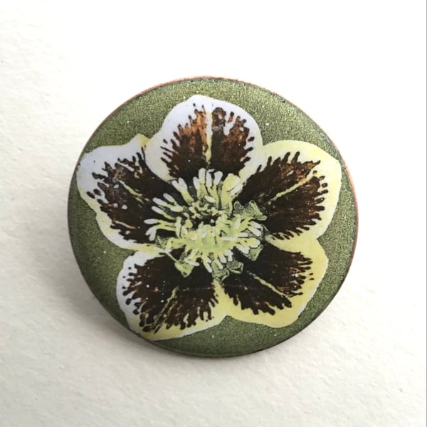  Circular Floral Enamelled Brooch - Clematis - 'Perfectly Imperfect'