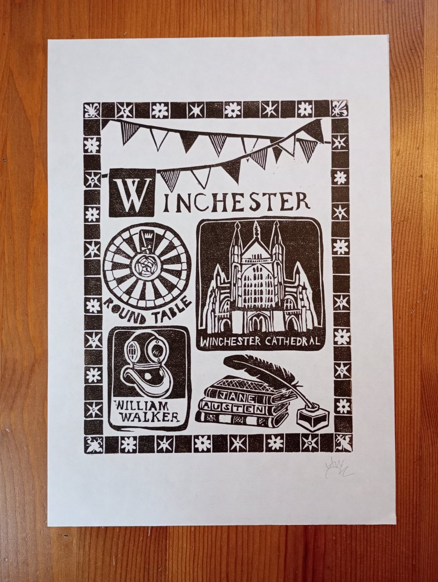 Original handmade linocut print of Winchester, Hampshire