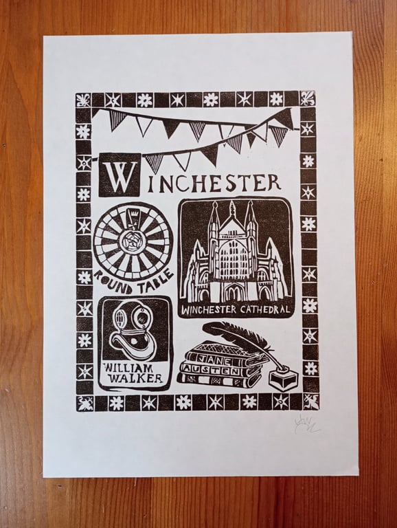Original handmade linocut print of Winchester, Hampshire