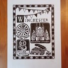 Original handmade linocut print of Winchester, Hampshire
