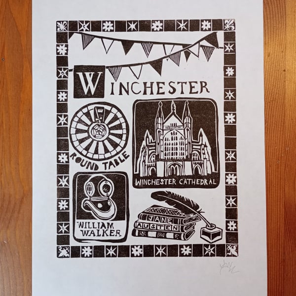 Original handmade linocut print of Winchester, Hampshire