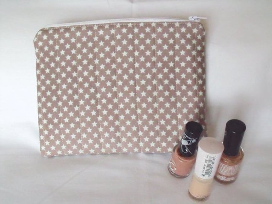 light brown star print zipped make up pouch, pencil case or crochet hook case
