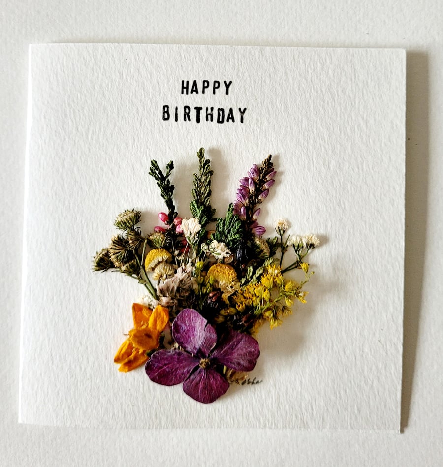 Handmade Happy Birthday 'Heather and Foliage' Pressed Flower Greeting Card 