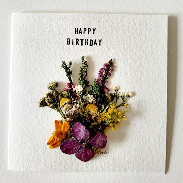 Handmade Happy Birthday 'Heather and Foliage' Pressed Flower Greeting Card 