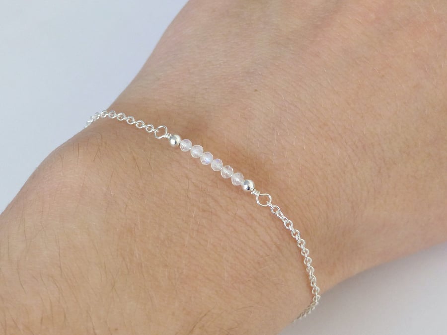 Rainbow moonstone bead bar bracelet, June birthstone gift, sterling silver