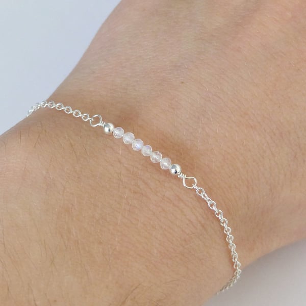 Rainbow moonstone bead bar bracelet, June birthstone gift, sterling silver
