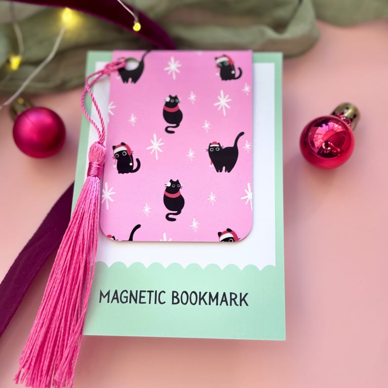 Magnetic Bookmark Pink Christmas Cats