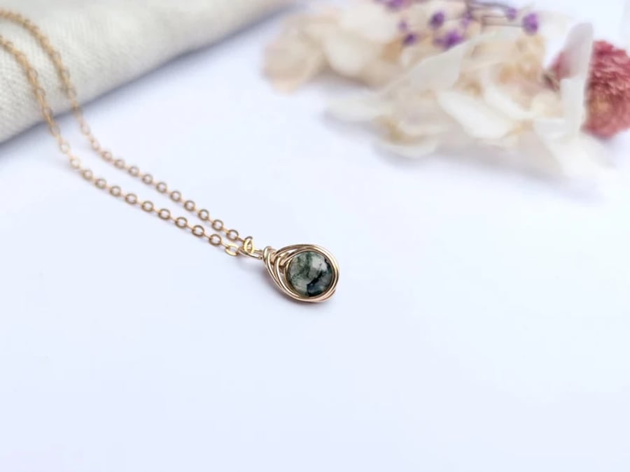 MOSS AGATE Necklace 14K Gold Filled Minimalist Dainty Pendant Natural Gemstone 