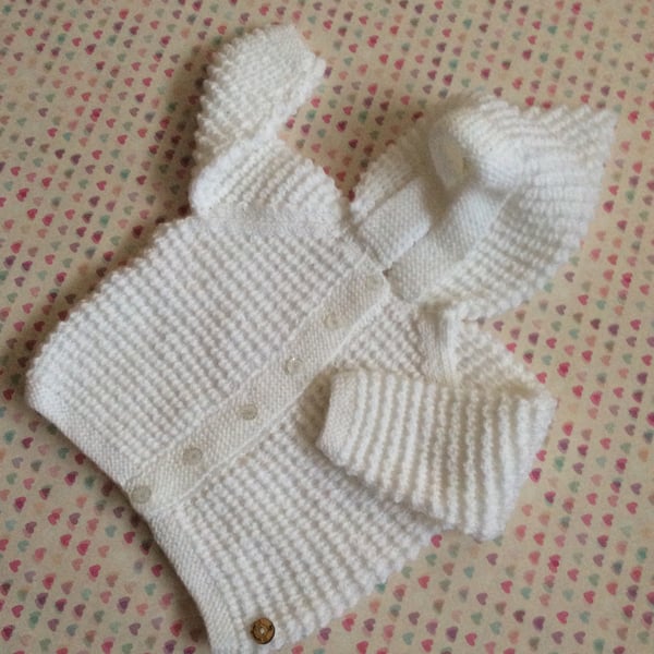 Baby Coat with hood in white 6 - 12 months hand knitted