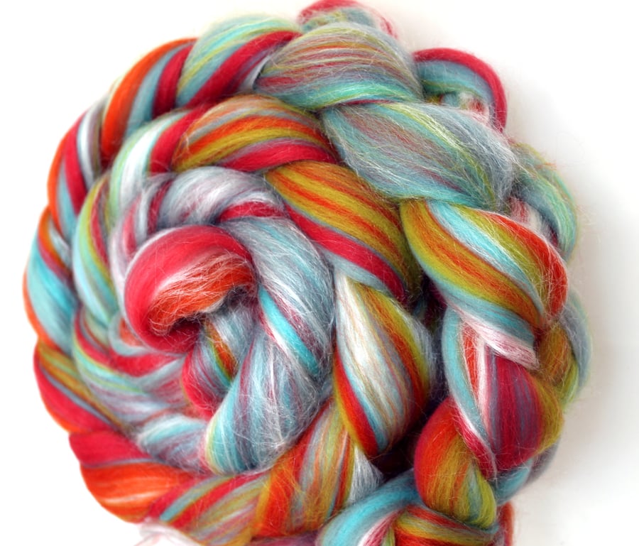 Candy Twist Custom Blend Merino and Silk Combed Top 100g Spinning and Felting