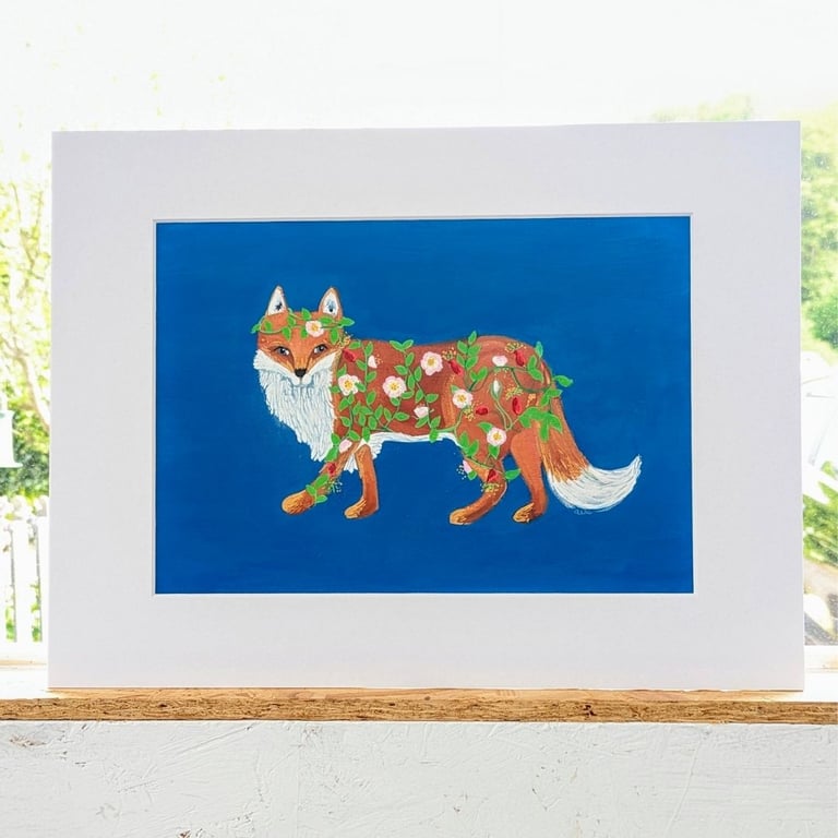 Fox Rambling Rose original art painting mounted