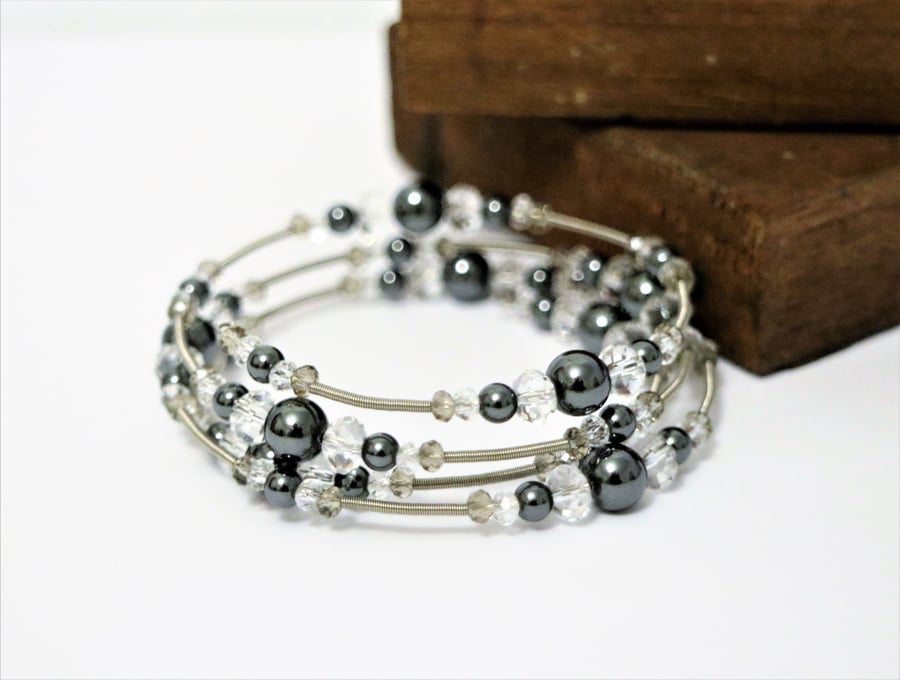 Semi precious Hematite stones beaded wrap Memory Wire bangle - gift for her 