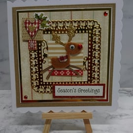 Christmas Card Season's Greetings Felt Rudolph the Reindeer 3D Luxury Handmade