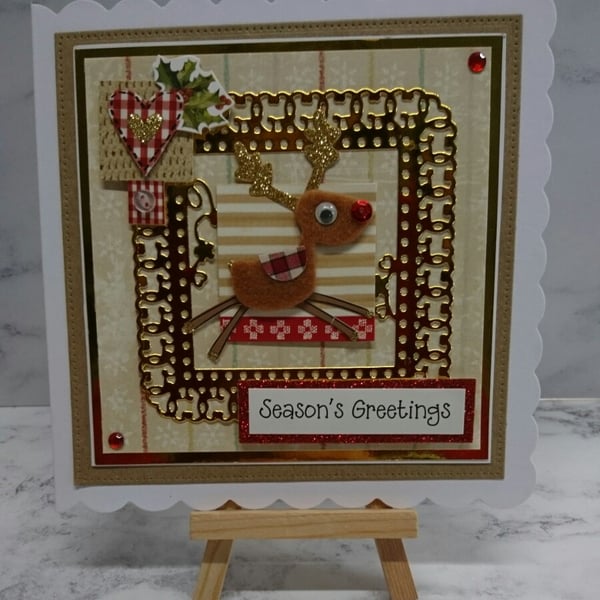 Christmas Card Season's Greetings Felt Rudolph the Reindeer 3D Luxury Handmade