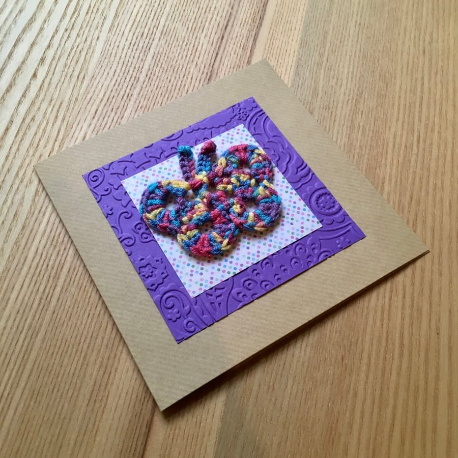Purple and Rainbow Crochet Butterfly Greetings Card
