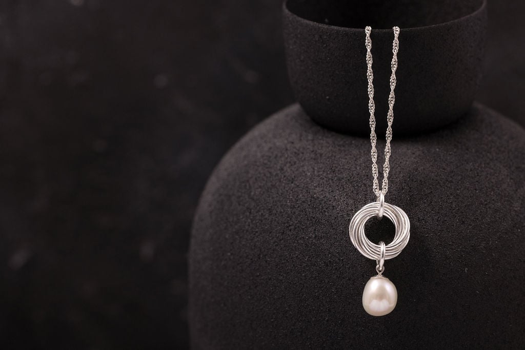 Sterling Silver Chainmaille and Ivory Pearl Drop Pendant