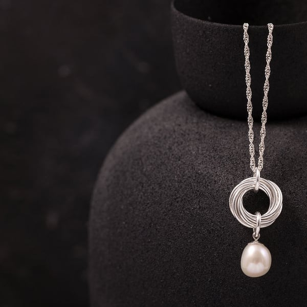 Sterling Silver Chainmaille and Ivory Pearl Drop Pendant