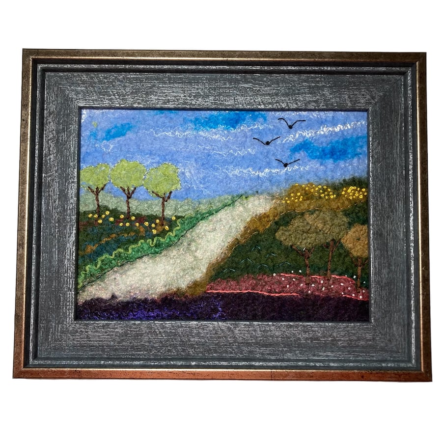 Framed felted woollen textile art, 'A river runs through it'