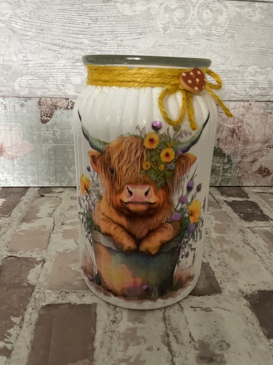 Decoupaged Vase. Highland Cow with Sunflowers.