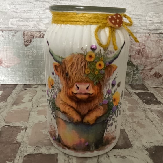 Decoupaged Vase. Highland Cow with Sunflowers.