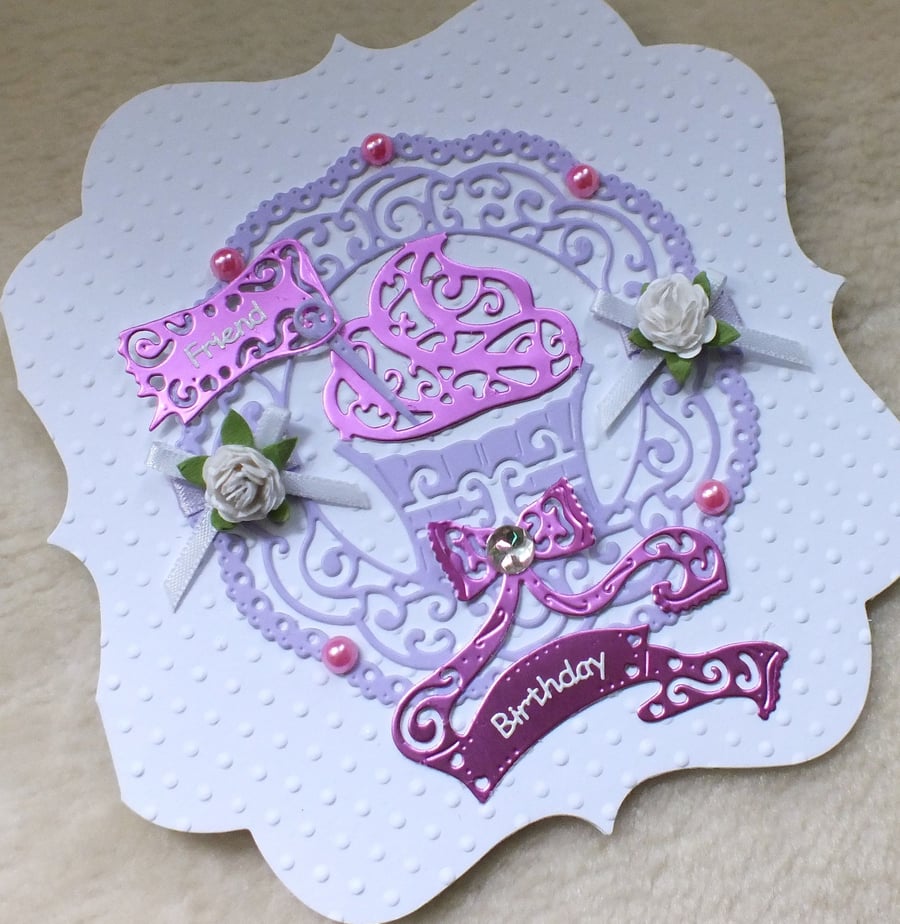 Pretty Handmade Tattered Lace, Friend Cupcake Birthday Card