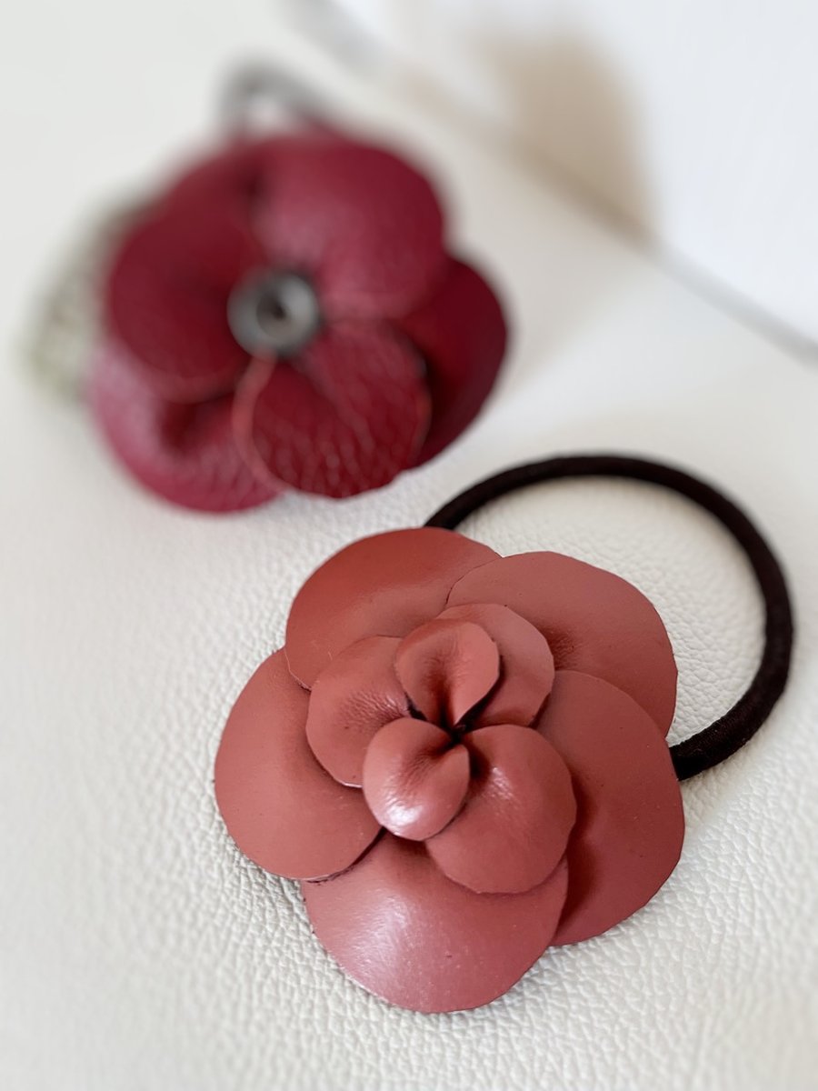 Handmade Leather Camellia Hair Tie - Dusty Pink Flower Ponytail hair bands