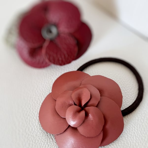 Handmade Leather Camellia Hair Tie - Dusty Pink Flower Ponytail hair bands