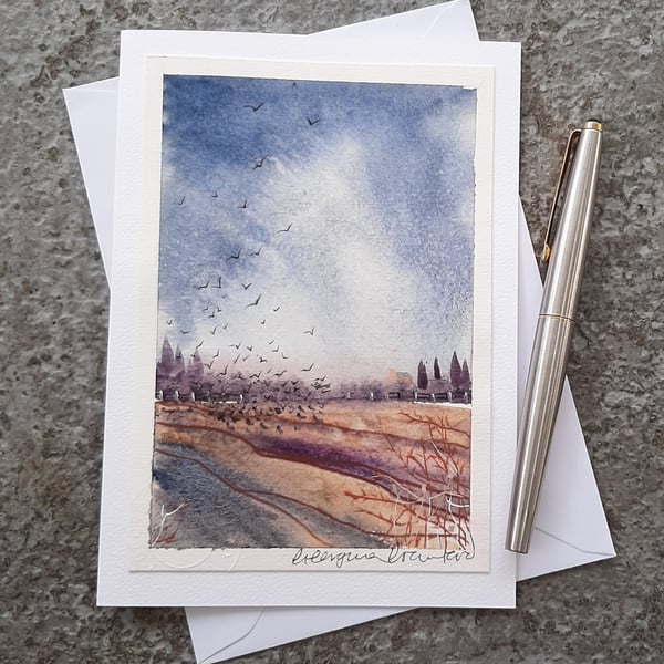 Rain Over The Countryside.  Blank Card. Original Painting