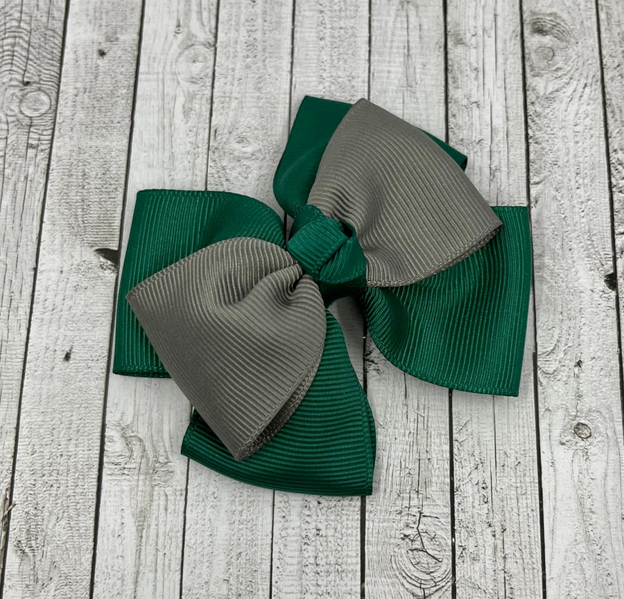 School Hunter Green and Grey Top Knot Bow on Clip