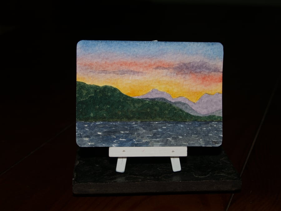 ACEO Original Windermere sunset from Rayrigg watercolour